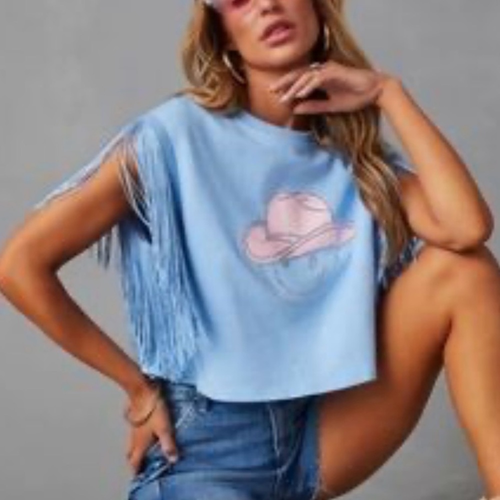Main Strip Rhinestone Cowgirl Crop Top | Size L | NWT | Fringe Sleeves